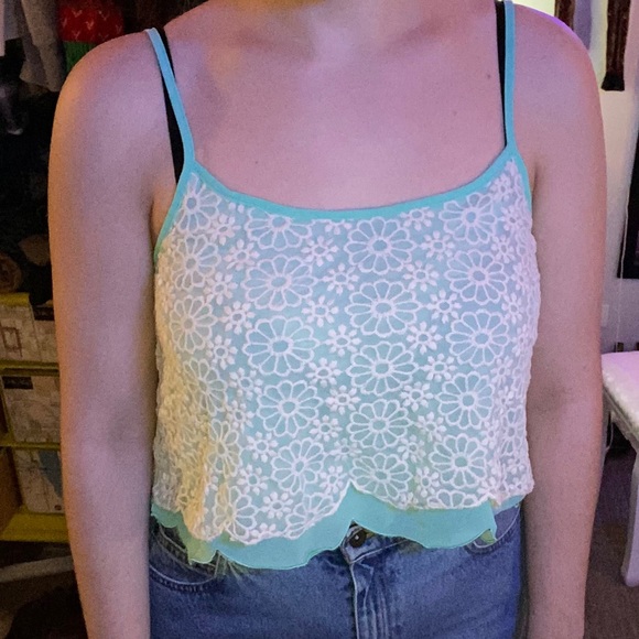 DOUBLE ZERO LAYERED AQUA WHITE LACE TANK TOP - Picture 9 of 16